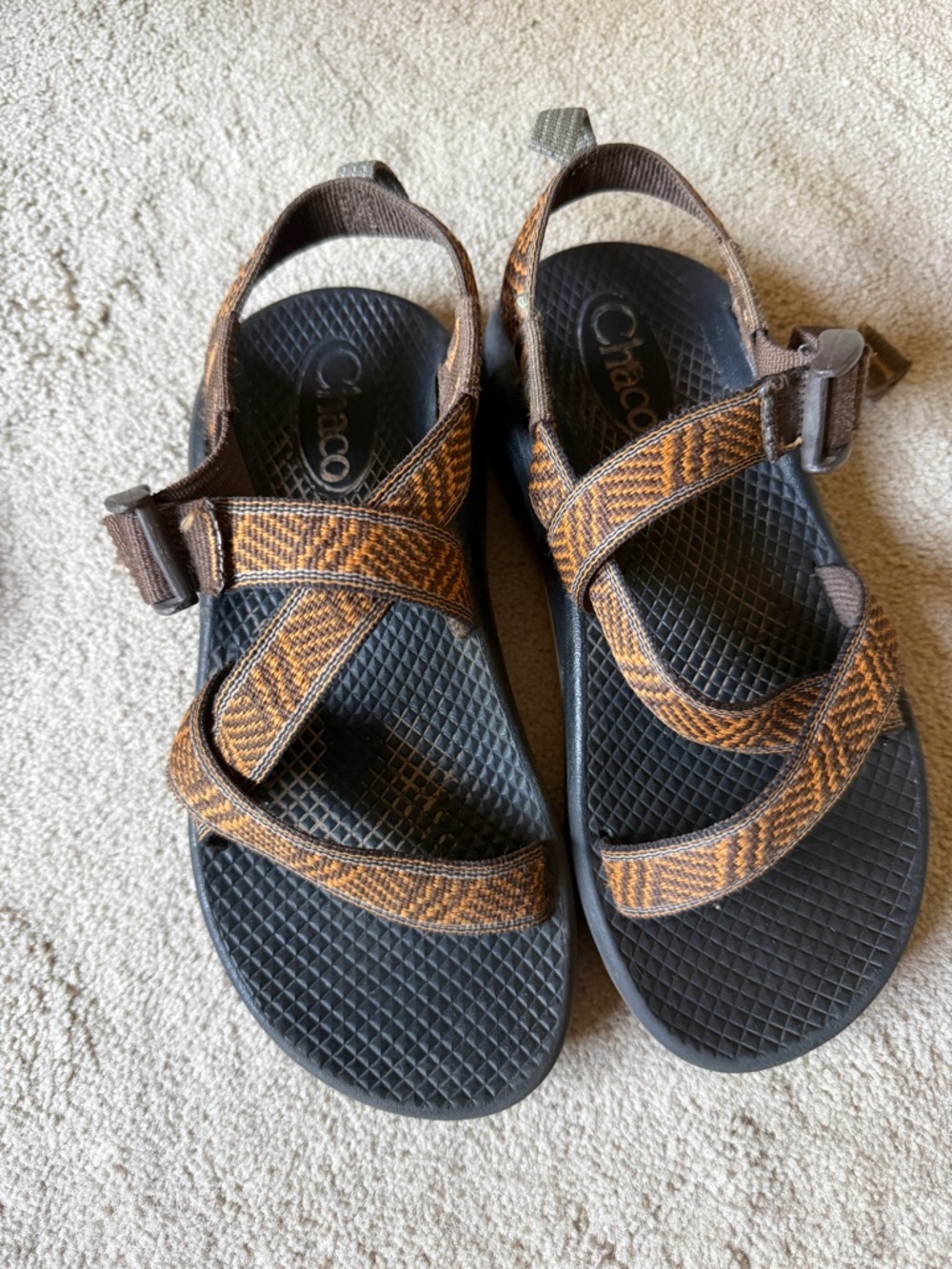 Chaco Brown Patterned Webbing Sandals with Black Footbed